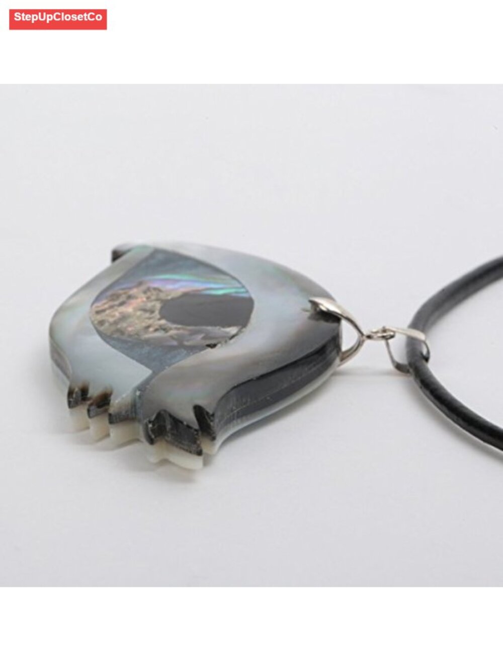 Abalone Shell Pendant Necklace 925 Sterling Silver White Gold Plated Leather - Picture 3 of 6